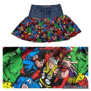 Denim Superheroes Mini Skirt Marvel Comics Mixed Media Sz 4